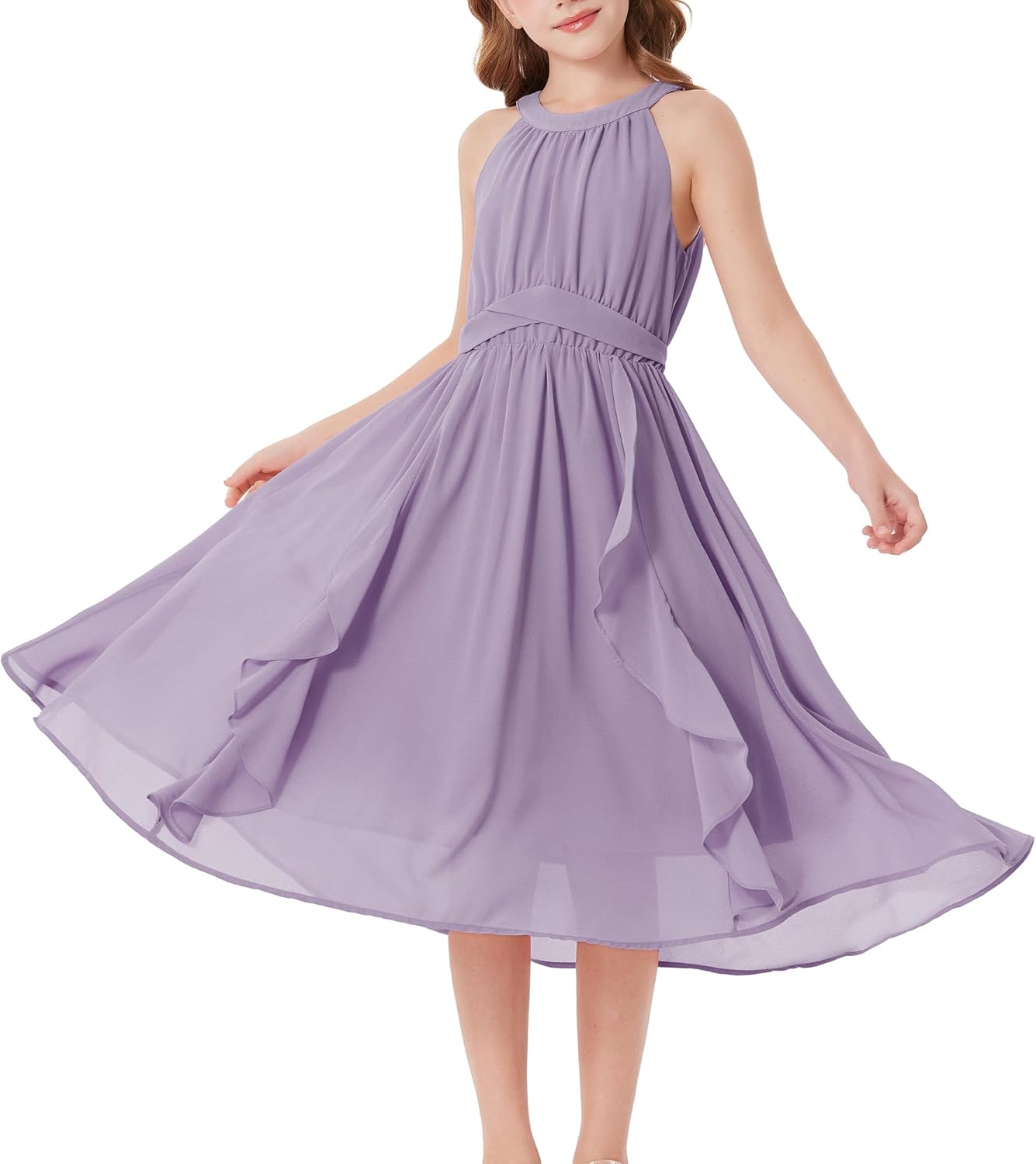 GRACE KARIN Girls Halter Neck Dress Midi Party Casual Chiffon Weeding Sundress Swing Pleated Dresses for Girl 6-14