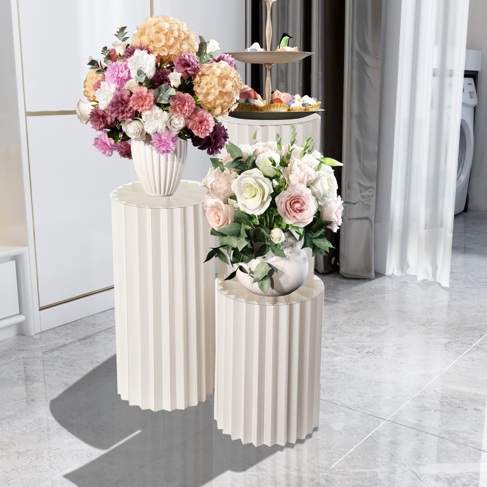 TABODD 3pcs Foldable Cylinder Pedestal Stand for Parties, 40/60/80cm Columns Pedestal Display Stands Round White Cylinder Column Table Roman Pillar Paper Folding Cylinder for Wedding Birthday Decor