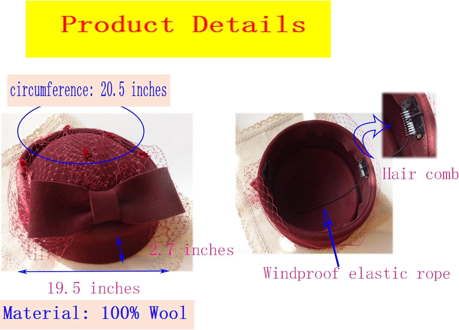 ORIDOOR Women's British Style Pillbox Church Derby Wedding Winter Vintage Fascinator Beret 100% Wool Felt Veil Hat - Image 8