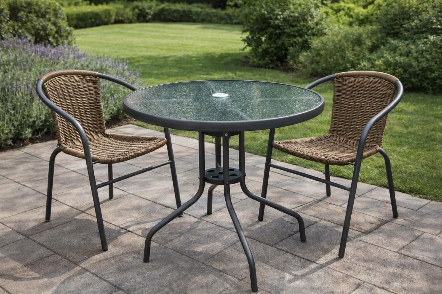 Creative Outdoor Patio Bistro Set, Round Glass Top Table with 2 Outdoor Chairs, Steel Frame, Garden Seating (800)-image-30