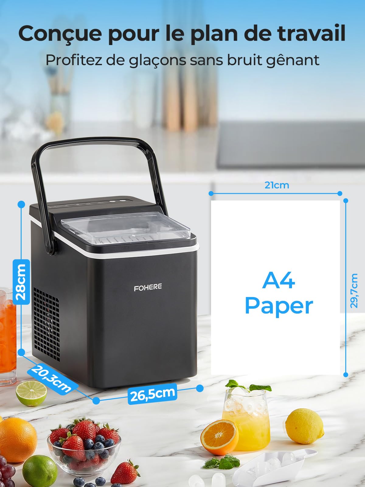 FOHERE Machine à Glaçons avec Poignée Portable, 14kg/24h, 9 Glaçons Bullet en 5 Minutes, 2 Tailles, Auto-Nettoyante, avec Cuillère & Panier – Idéale pour Maison Cuisine Bureau Camping Caravane