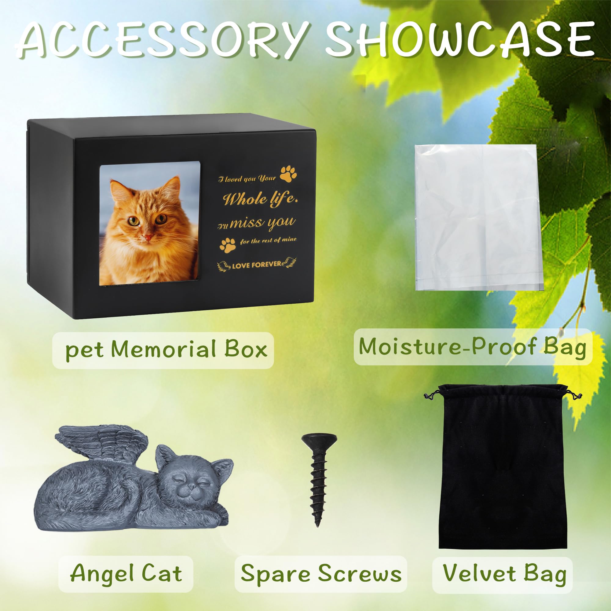Pet Urns for Cat, Pet Memory Box, Black Wooden Cat Urns for Ashes, w zestawie z figurką kota z żywicy i aksamitną torbą do przechowywania prochów