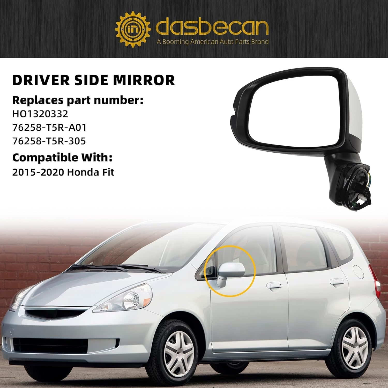 Dasbecan Driver Side Mirror Compatible with 2015-2020 Honda Fit Jazz Non-heated Manual Fold Power Glass Left Mirror White Replaces HO1320332(3PINS)