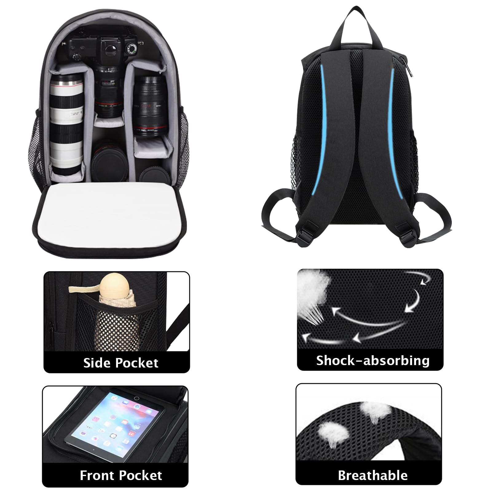 Kamerarucksack Klein, Fotorucksack für DSLR, SLR, Spiegelreflexkamera und spiegellose Kamera, Kamera Rucksack 35 x 25 x 18 cm mit schwarzer Regenhülle, Stativriemen unten, Schwarz