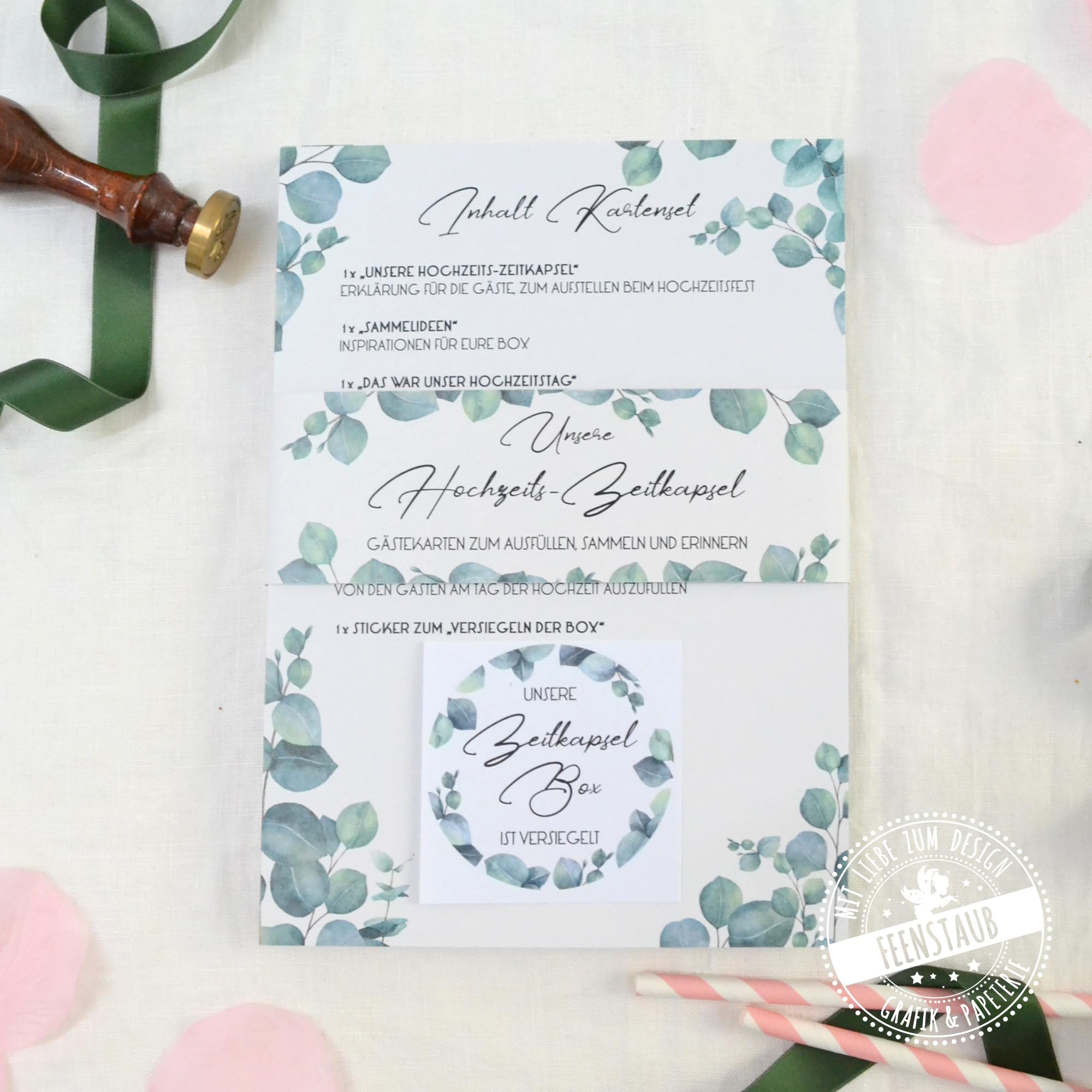 Feenstaub Zeitkapsel-Box Hochzeit mit Karten zum Ausfüllen für Gäste und Brautpaar, Geschenk, personalisierbare Box, Zeitkapsel Hochzeit, Gästekarten Hochzeit, Zeitkapsel Karten Hochzeit Eukalyptus