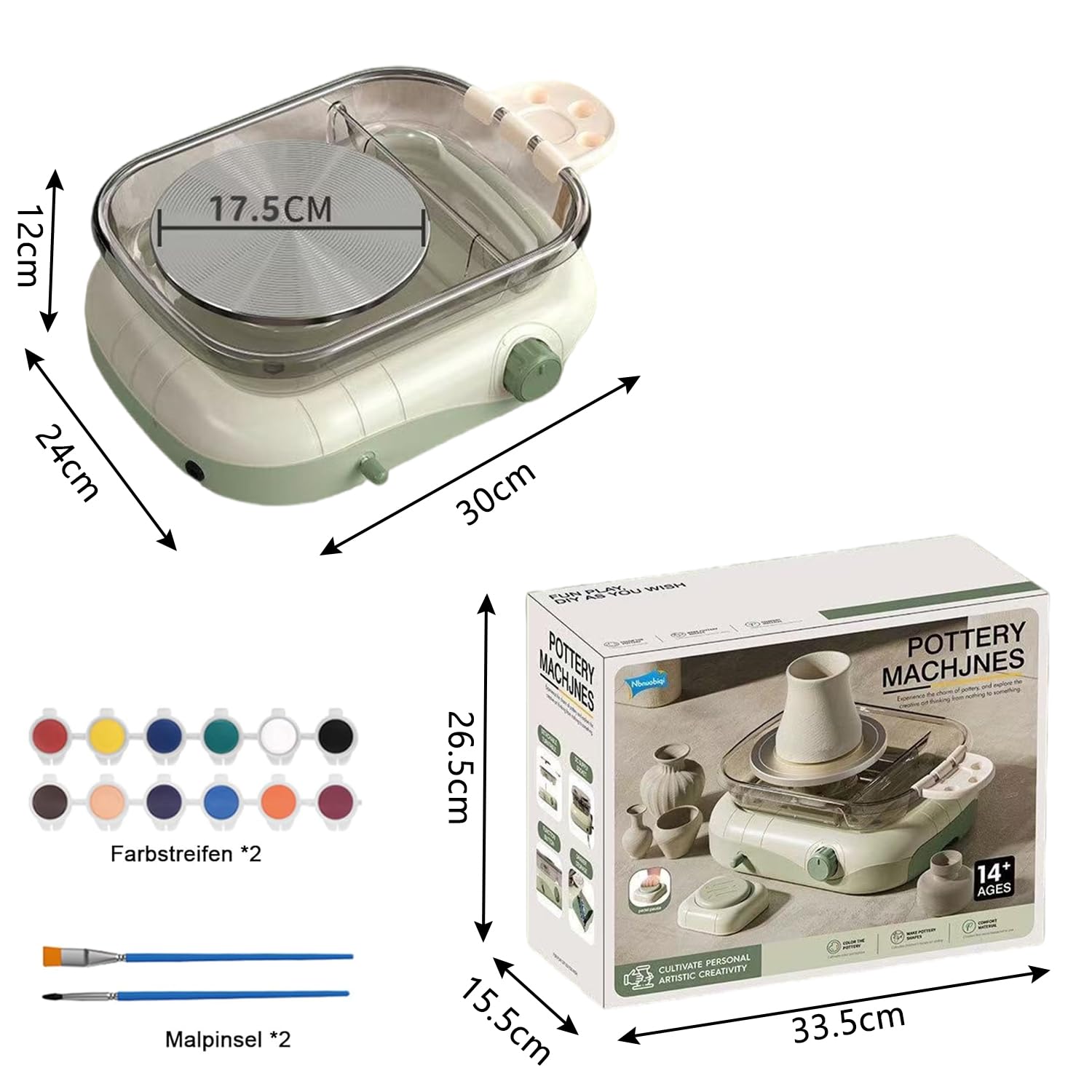 Elektrisch Töpferscheibe, 200R/min Pottery Wheel, 17.5cm Drehteller Tonmaschine mit Waschbecken und Schubladen, Stufenlose Geschwindigkeitsanpassung für DIY Bastelprojekte für Kinder und Erwachsene