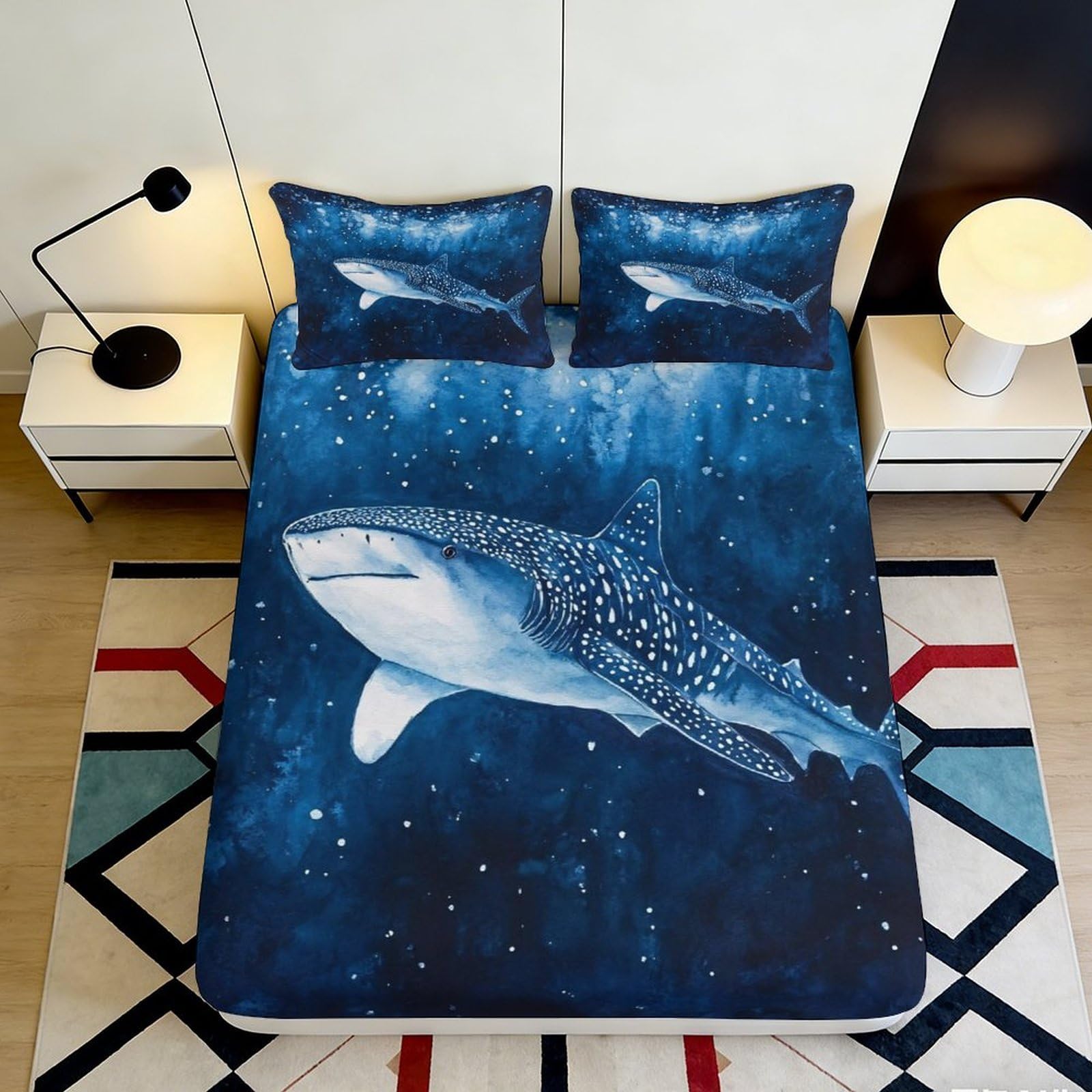 3D Printed Whale Shark Fitted Sheet Microfiber Deep Pocket Bedroom Set Whale Shark Mattress Fitted Cover Elastic Hem for Adults Teens 200x200x25cm