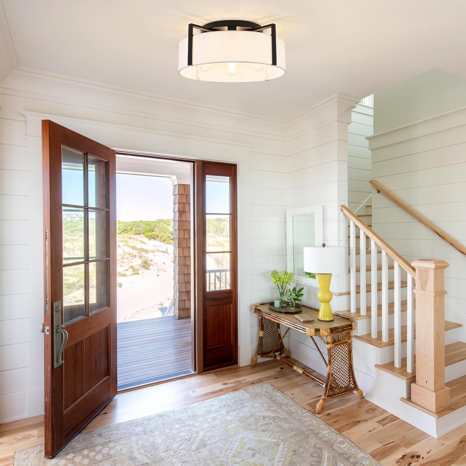 20.5" Semi Flush Mount Ceiling Light, 4-Light Modern Kitchen Hallway Light Fixtures with Drum White Shade, Metal Close to Ceiling Lights for Entryway Living Room Bedroom Dining Room Foyer, Black