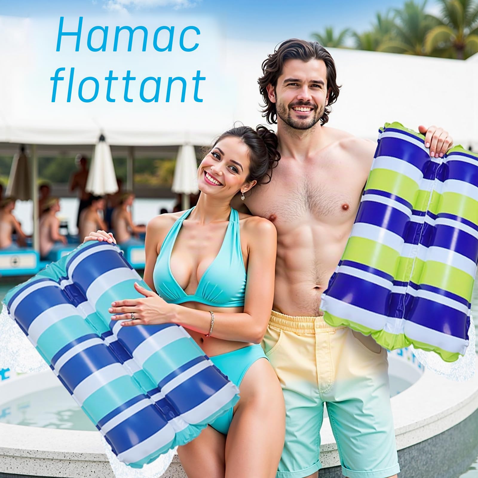 Lot De 2 Hamacs Flottants 4-en-1 – Bouée Piscine Gonflable Avec Pompe Manuelle, Capacité 200 Kg, Pour Adulte Et Enfant – Plage, Lac, Vacances
