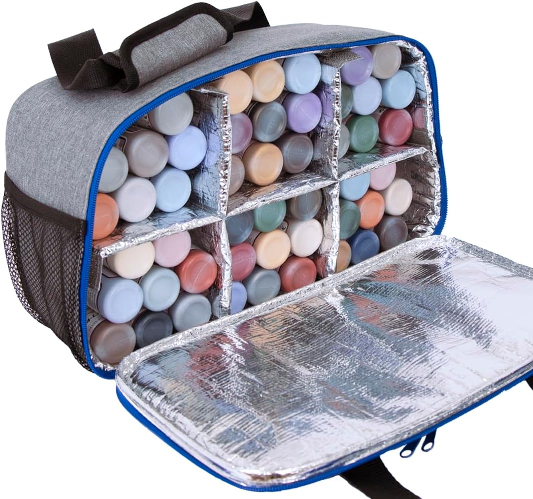 Hartem - Acrylic Paint Organizer Bag for 54 Bottles x 60 ml./2.02 fl.oz. | Art Supply Storage Case with Handle Strap and Extra Pocket for Brushes and Craft Paint | Inner Aluminum Foil Liner