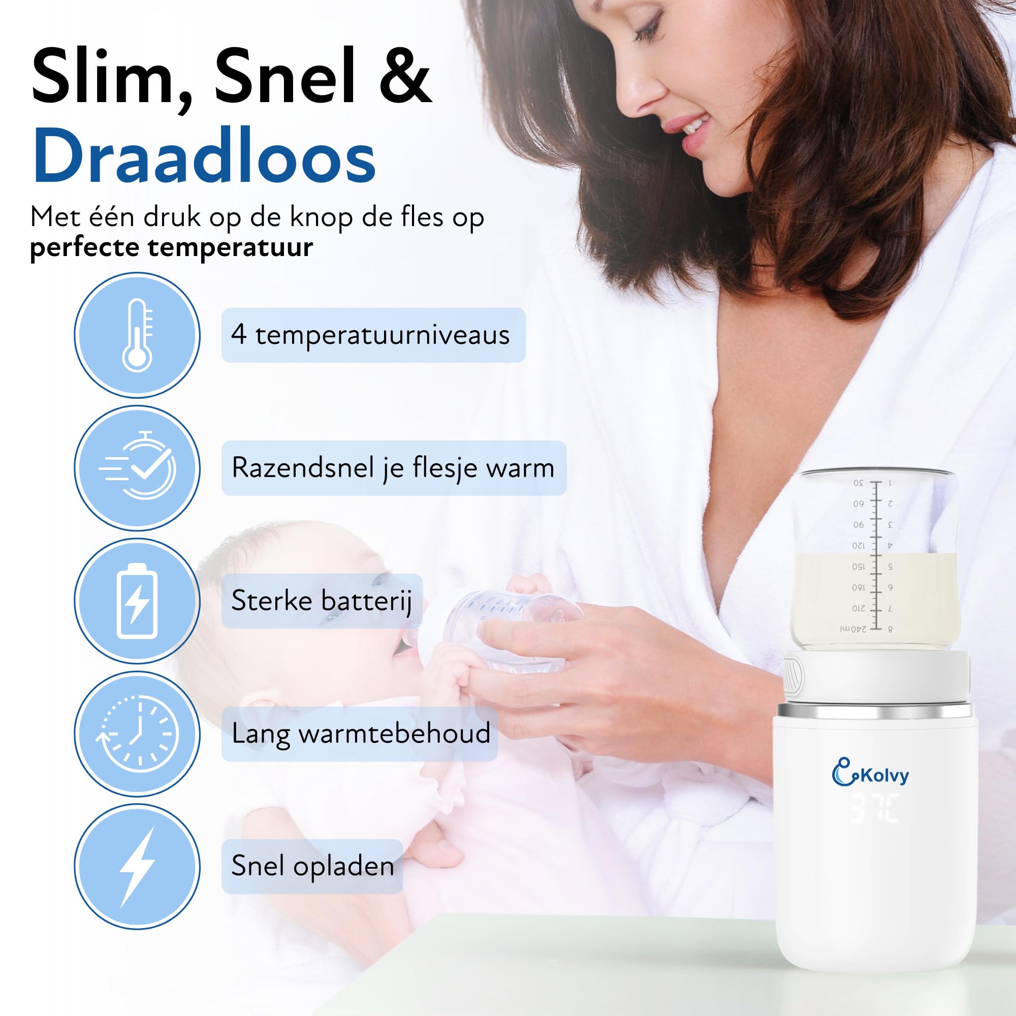 Calentador de botellas portátil – Calentador inalámbrico para biberones con 4 ajustes de temperatura – Calefacción rápida, USB recargable, incluye 3 adaptadores – Calentador de leche para bebés