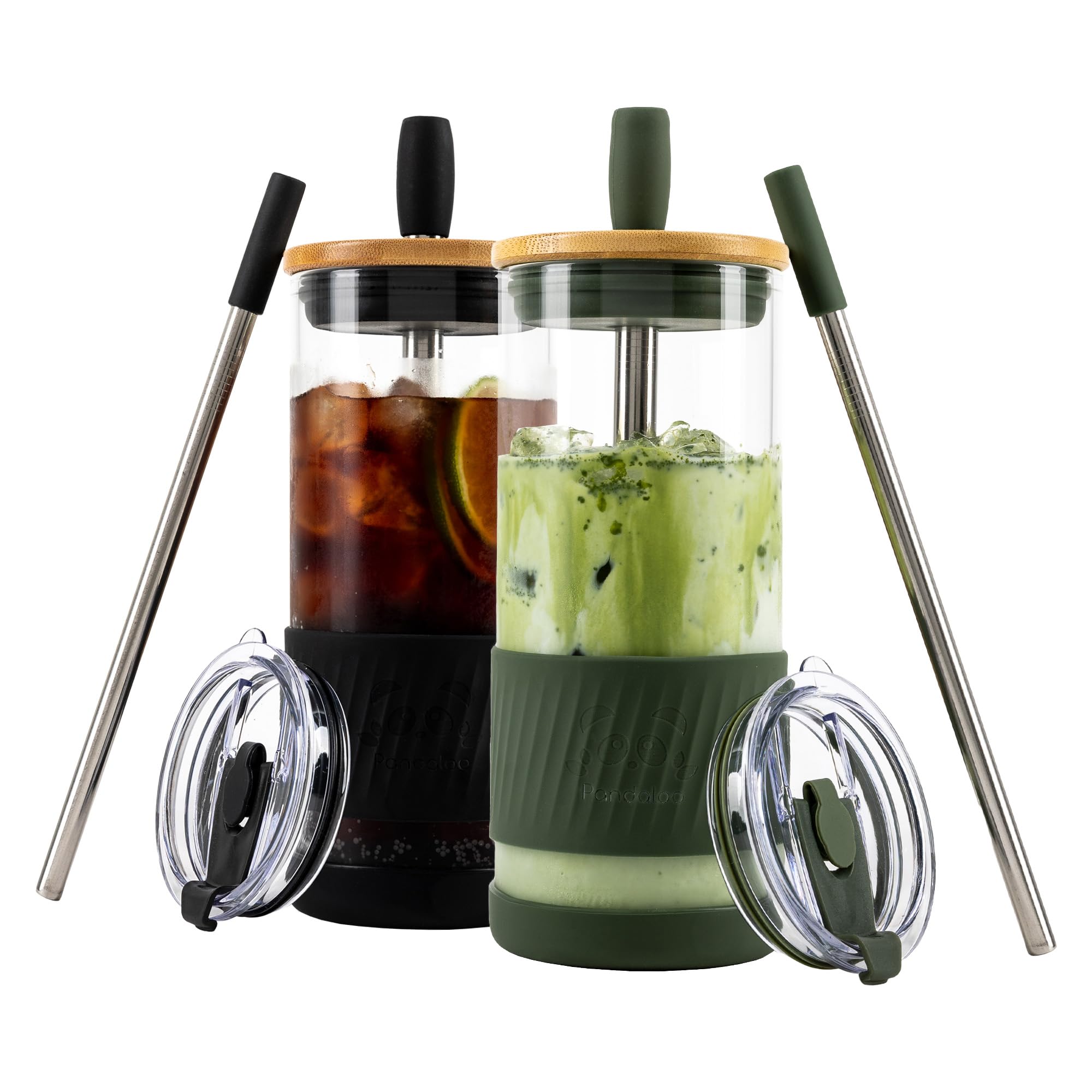 Pandaloo Glass Cups With Lids and Straws -20 Fl Oz- Perfect Size Iced Coffee Cup - Smoothie Cup With Bamboo Lid and On the go Lid - (2 Count (Pack of 1), Black Saphir-Mediterranean Olive)