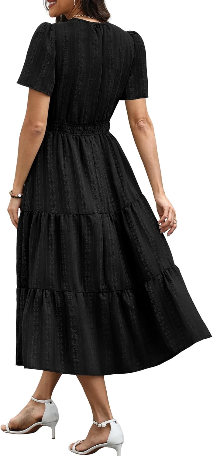 RUMIA Women Casual Midi Maxi Dresses Short Sleeve V Neck Elastic Waist Vacation Dress Pockets（S-2XL