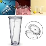 Reusable Plastic Cups, Double-Walled Transparent Drinking Cup with Straw, Reusable Cups, Suitable for Fruit Juice, Coffee (650 ml) - 3