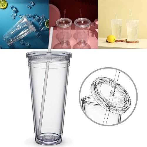 Reusable Plastic Cups, Double-Walled Transparent Drinking Cup with Straw, Reusable Cups, Suitable for Fruit Juice, Coffee (650 ml) - 3