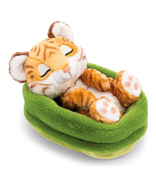NICI Peluche Tigre de 12 cm durmiendo en una cestita, marrón, Peluches Decorativos, Juegos para niños, Ideas…