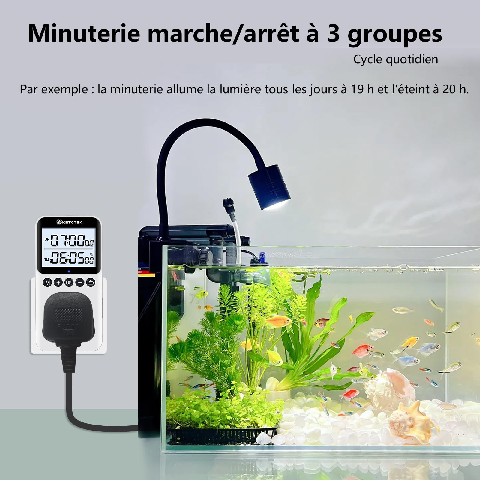 KETOTEK KTTS02 Minuterie numérique avec rétro-éclairage, interrupteur à boucle continue, compte à rebours, minuterie interne pour lampes aquarium (16 A, 230 V, 3680 W)