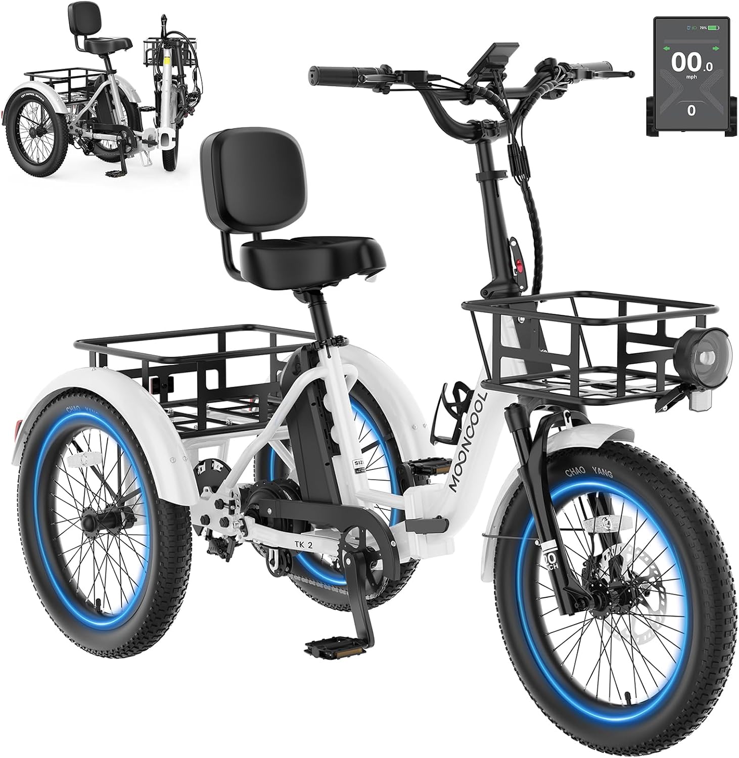 MOONCOOL Electric Trike for Adults, 500W/750W 20″ Fat Tire Folding Tricycle