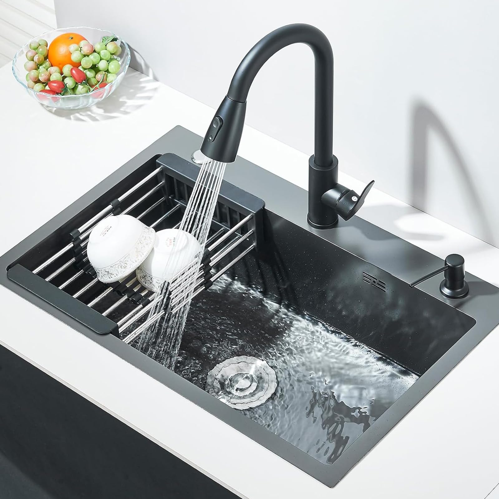 Évier de cuisine à cuve unique inox encastrable avec robinet extractible et accessoires