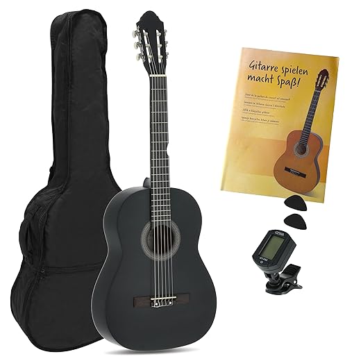 guitare de concert - guitare classique - 4/4 noir - Starter Set - incl. housse, médiators, livre, accordeur