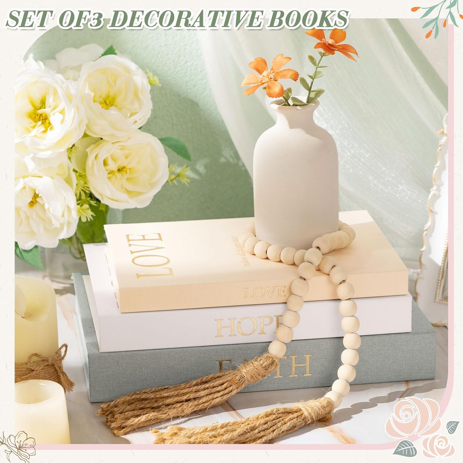 faccito set of 3 linen decorative books with wooden beaded garland tassel elegant aesthetic fake books for coffee table shelf mantel storage boxes for modern home decor (light green) light green 4