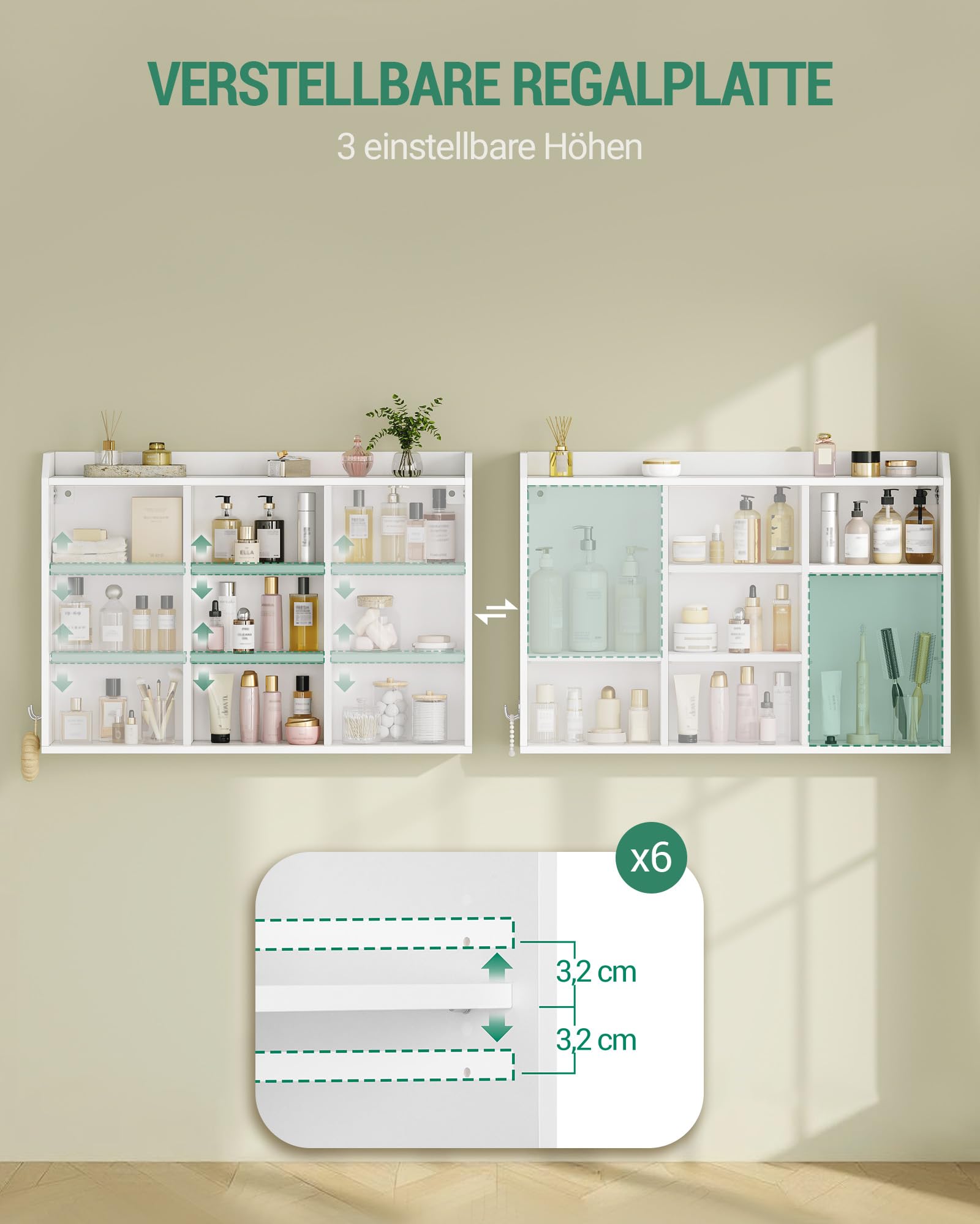 Hzuaneri Hängeschrank, Wandschrank mit verstellbaren Ablagen, mit Schiebetüren und offenen Regalen, Wandmontierter Badezimmerschrank, 20 x 90 x 60 cm, Weiß BC40203X