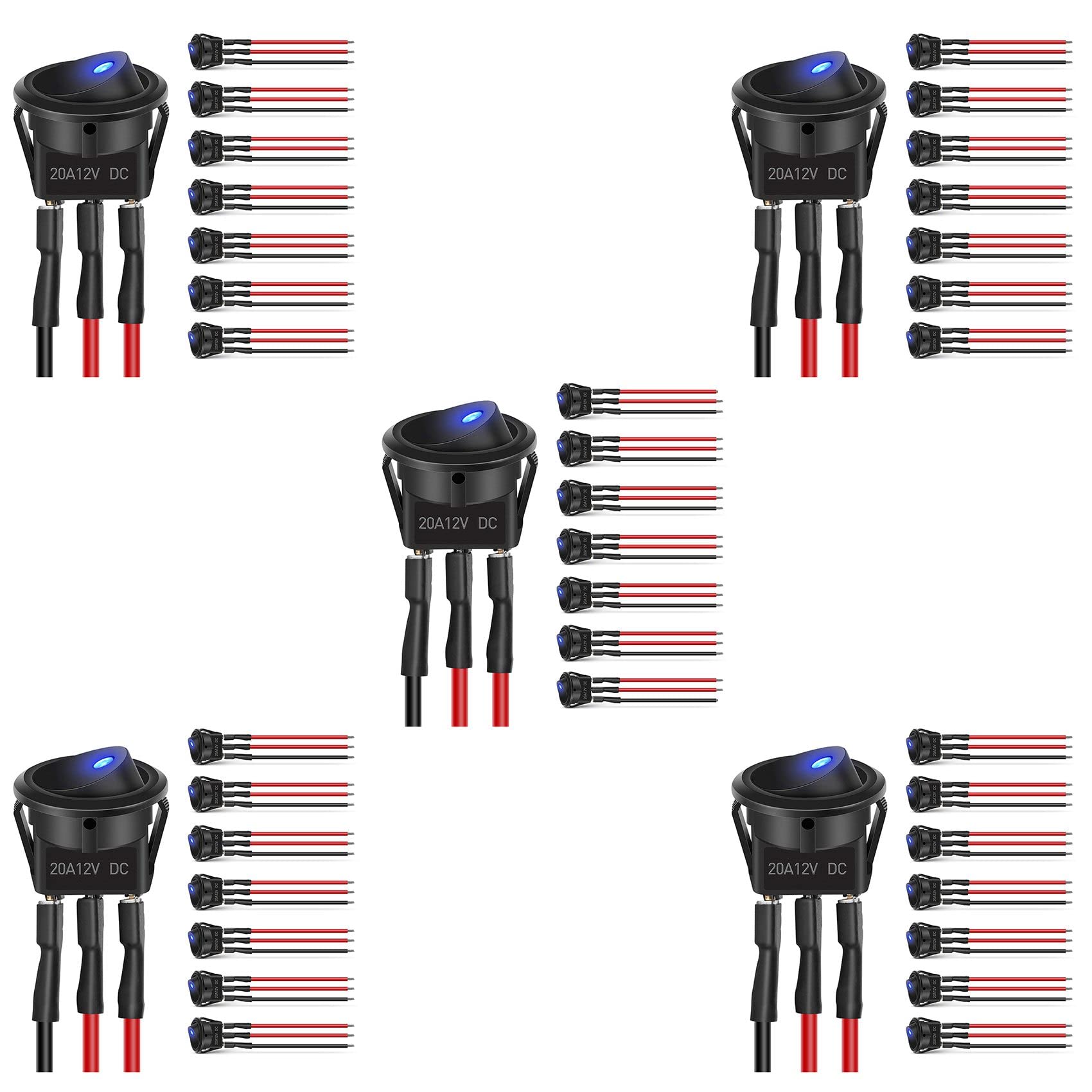 Jnchdghwa Black 16Pcs 12V 20A Round Blue Toggle Led Rocker Switch Control Spst 3Pins For 12V Car Truck Boat With 24Pcs Wires