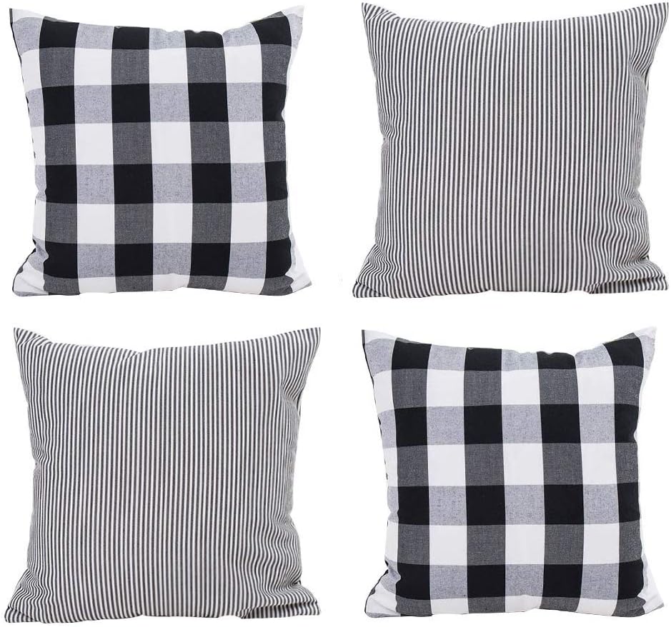 HOPLEE Black Throw Pillow Covers 18x18 Farmhouse Pillow Covers 18x18 Black and White Outdoor Pillow Covers with Buffalo Checker & Stripe Design Set of 4