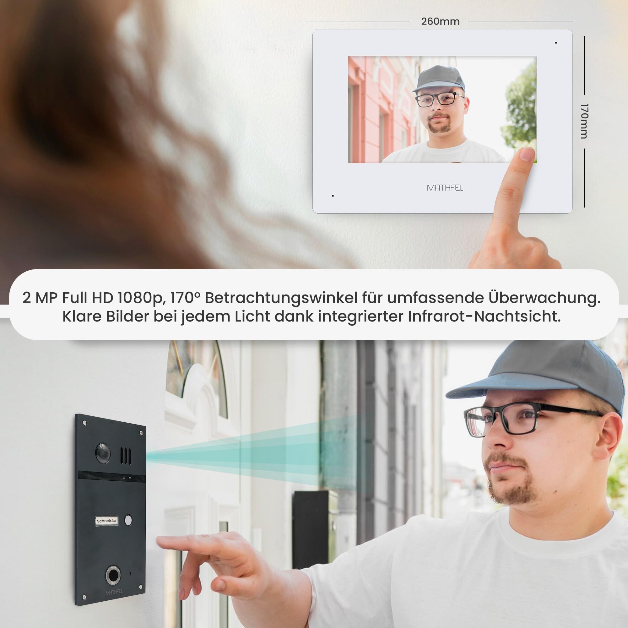 MATHFEL 4 Draht Video Fingerprint Türsprechanlage Gegensprechanlage Fischaugenkamera 170 Grad Außenstation, Größe: 1x7'' Monitor in weiß mit WLAN