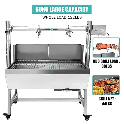 Vista 13 de Parrilla asadora de acero inoxidable de 66 libras, motor de 25 W, asador de cordero pequeño de cerdo de 37 pulgadas, parrilla asadora de carbón