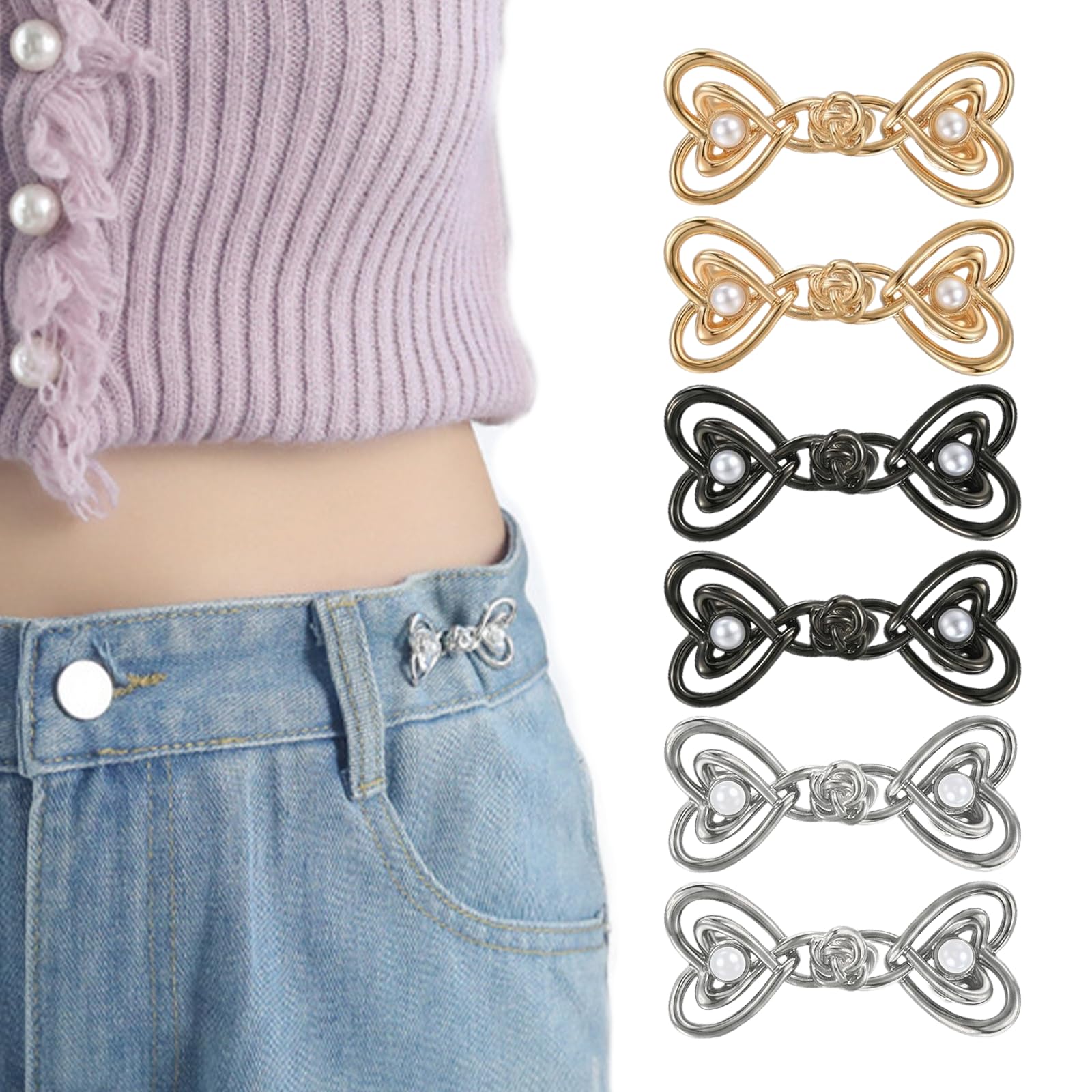 Merzio Women's Gold, Silver, Gunmetal 6Pcs Waist Tightener Clips, No Sew Adjustable Heart Waist Cincher Clip For Loose Jeans, Pant Waist Tightener Trouser Clips To Tighten Waist Clothing Accessories For Skirts Dresses And Sweaters
