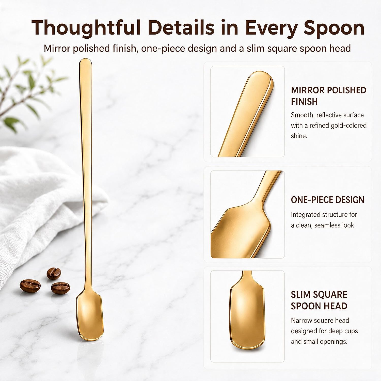 Gold Coffee Spoons Set of 6, 6.7-Inch Long Handle Espresso Spoons