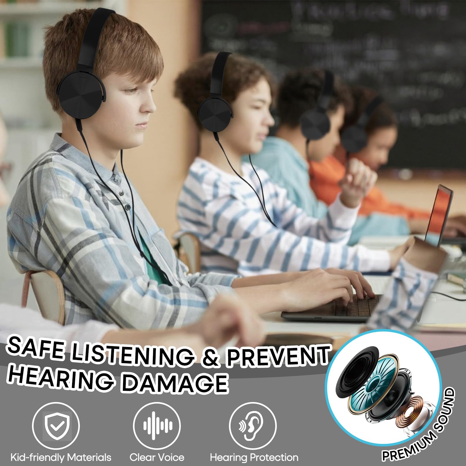 Paquete de 10 auriculares de aula a granel, auriculares duraderos con cable para estudiantes, niños, adolescentes, niños y adultos (LS450, 10 negro)
