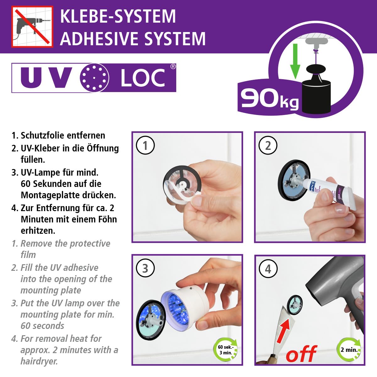 WENKO Toallero Uno Udine con UV-Loc®, soporte de pared para toallas de acero inoxidable cepillado y lacado en negro mate, fijación sin taladrar con sistema adhesivo UV-Loc®, 61 x 5 x 7 cm