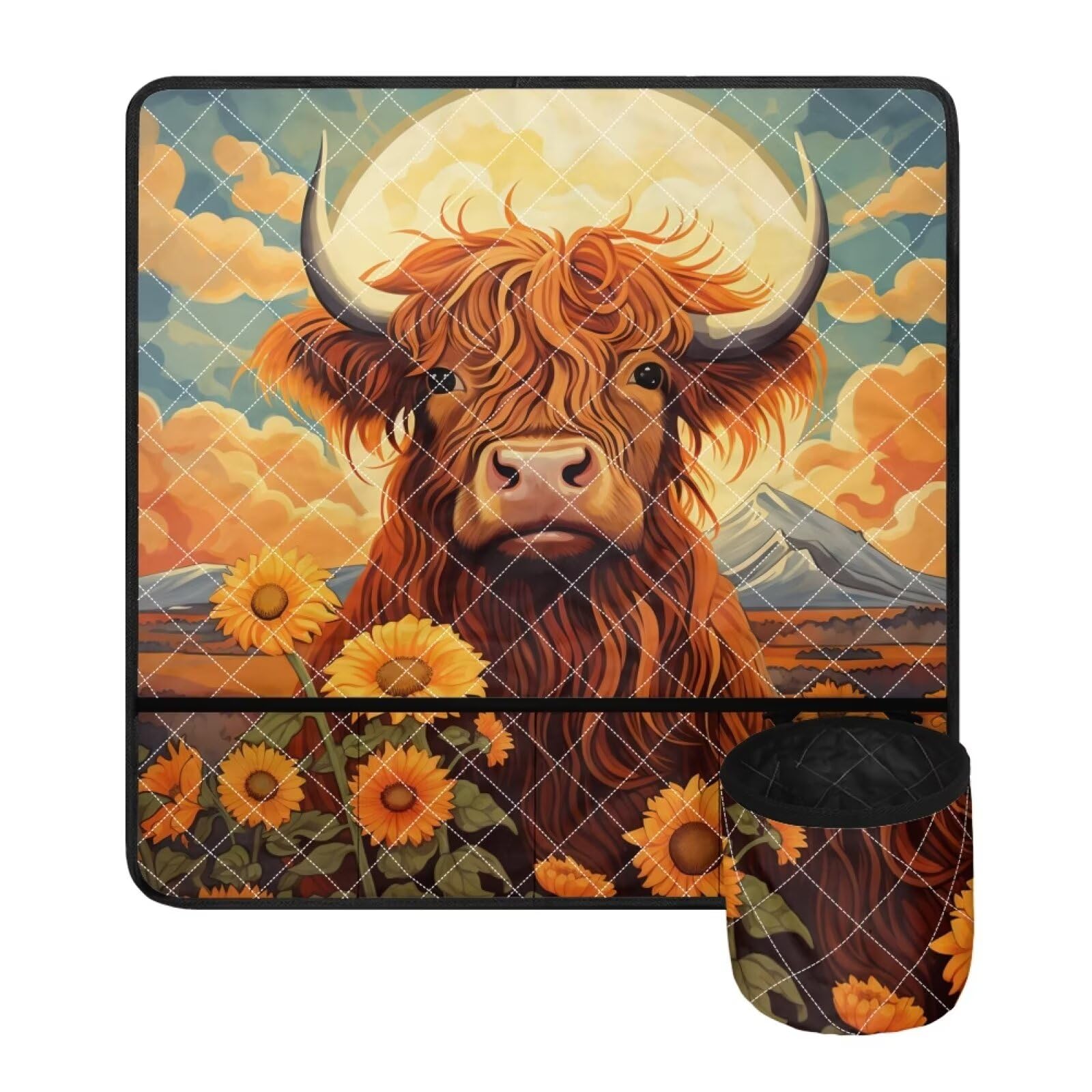 Guosanchn Highland Cow Sewing Machine Mat, Fall Sunflower Sewing Machine Pads with 4 Pockets, Waterproof Sewing Tables for Sewing Machines, Sewing Machine Dust Cover