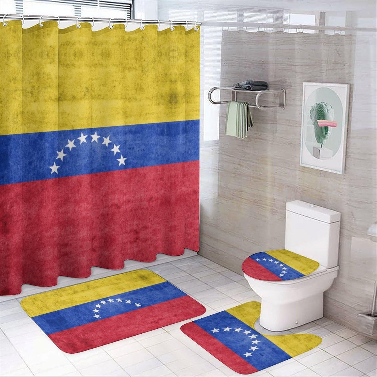 CGSBNGHA Flag of Venezuela Shower Curtain Set 4 Piece Bathroom Sets with Rugs Toilet Lid Cover And U-Shaped Floor Mat