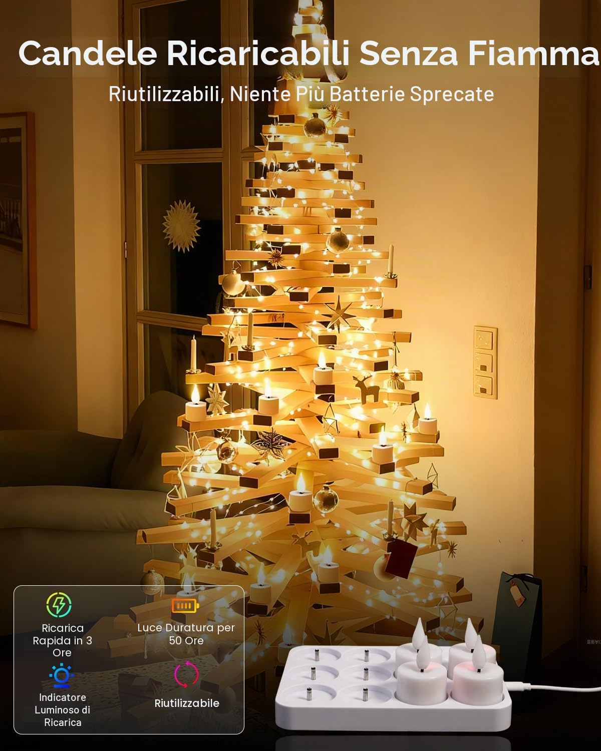 Macchiatto Candele da tè ricaricabili con telecomando e stazione di ricarica, 12 LED ricaricabili, candele tremolanti con funzione timer, per feste, stanze, soggiorno, Halloween, Natale, decorazione