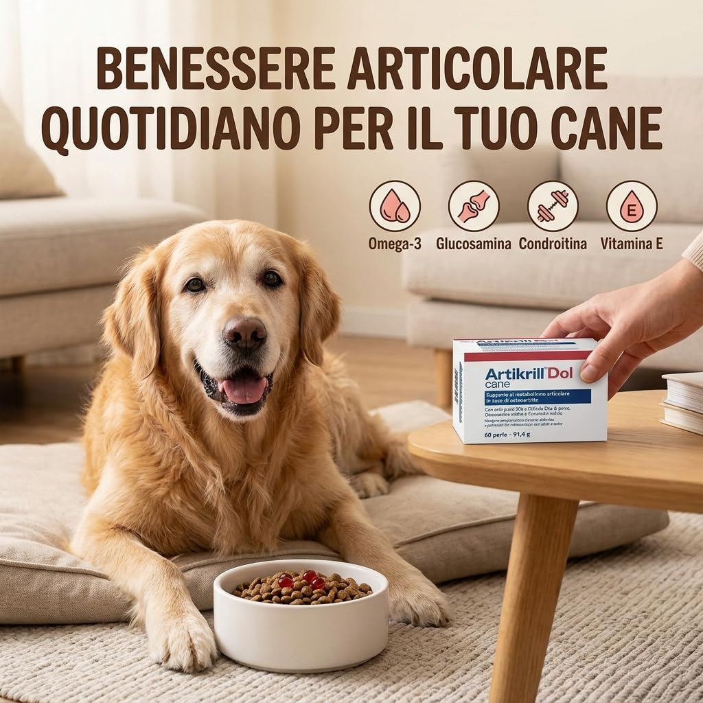Artikrill Dol Cane 60 Perle - Integratore Articolare con Omega-3, Glucosamina e Condroitina - Supporto per Mobilità e Rigidità Articolare - Cani Adulti e Senior