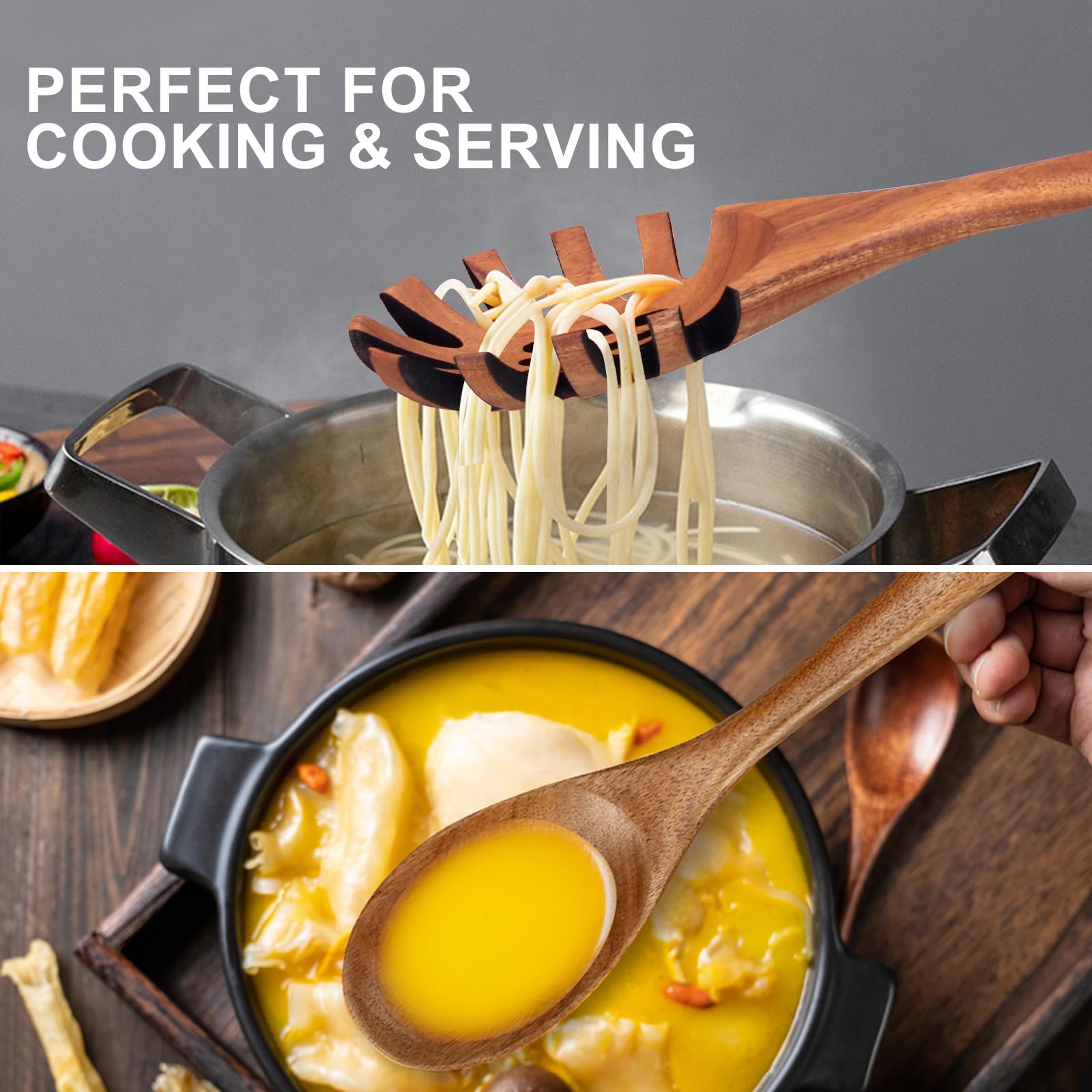 9 cucharas de madera para utensilios de cocina con soporte para utensilios, juego de utensilios de cocina de madera de teca, espátula plana de madera, cucharas de mezcla de cocina, cuchara de