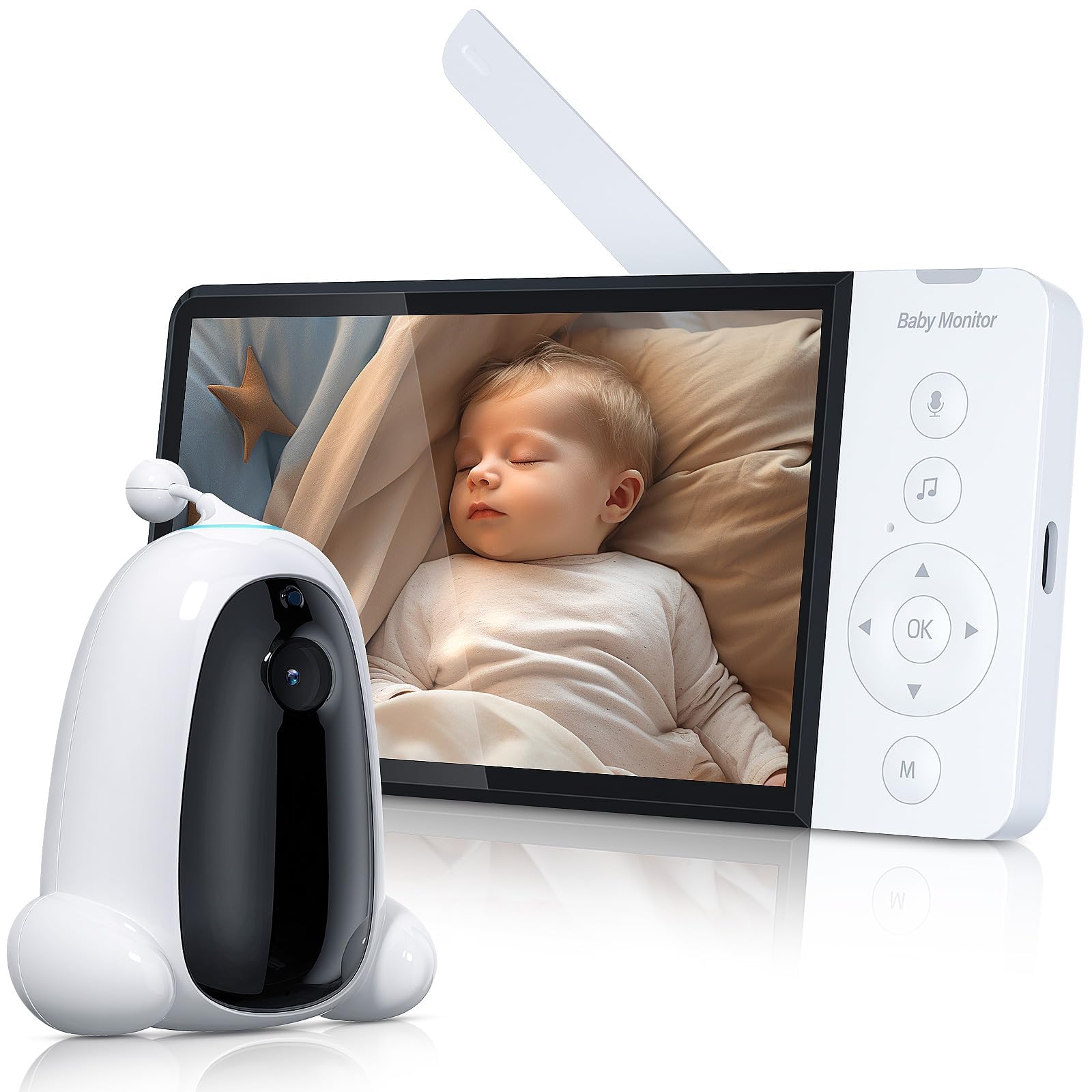 ASFSKY Moniteur pour bébé, babyphone avec caméra, écran HD 5", détection de Serre, Vision Nocturne Infrarouge, Audio bidirectionnel, 8 musiques, Enregistrement vidéo, Mode VOX (Blanc)