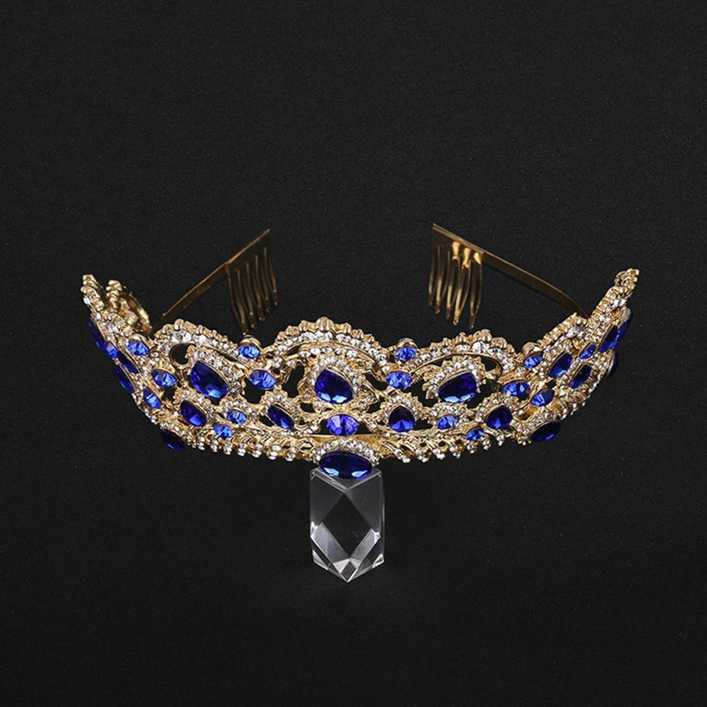 FRCOLOR Jeweled Baroque Queen Crown, Korean Water Drill Bride Crown Top Hair Tiara Crystal Wedding Tiara Quinceanera Costume Party Hair Accessories (Blue)