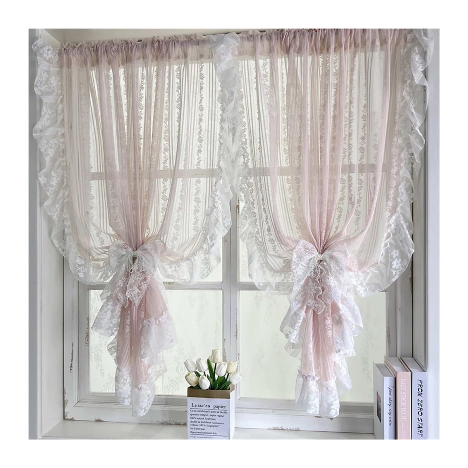 DFGRGRV Ruffle Curtains Romantic Striped Flower Lace Sheer Curtain with White Ruffled Rod Pocket For Living Room Bedroom Kitchen(W100 x H120cm 1Piece)