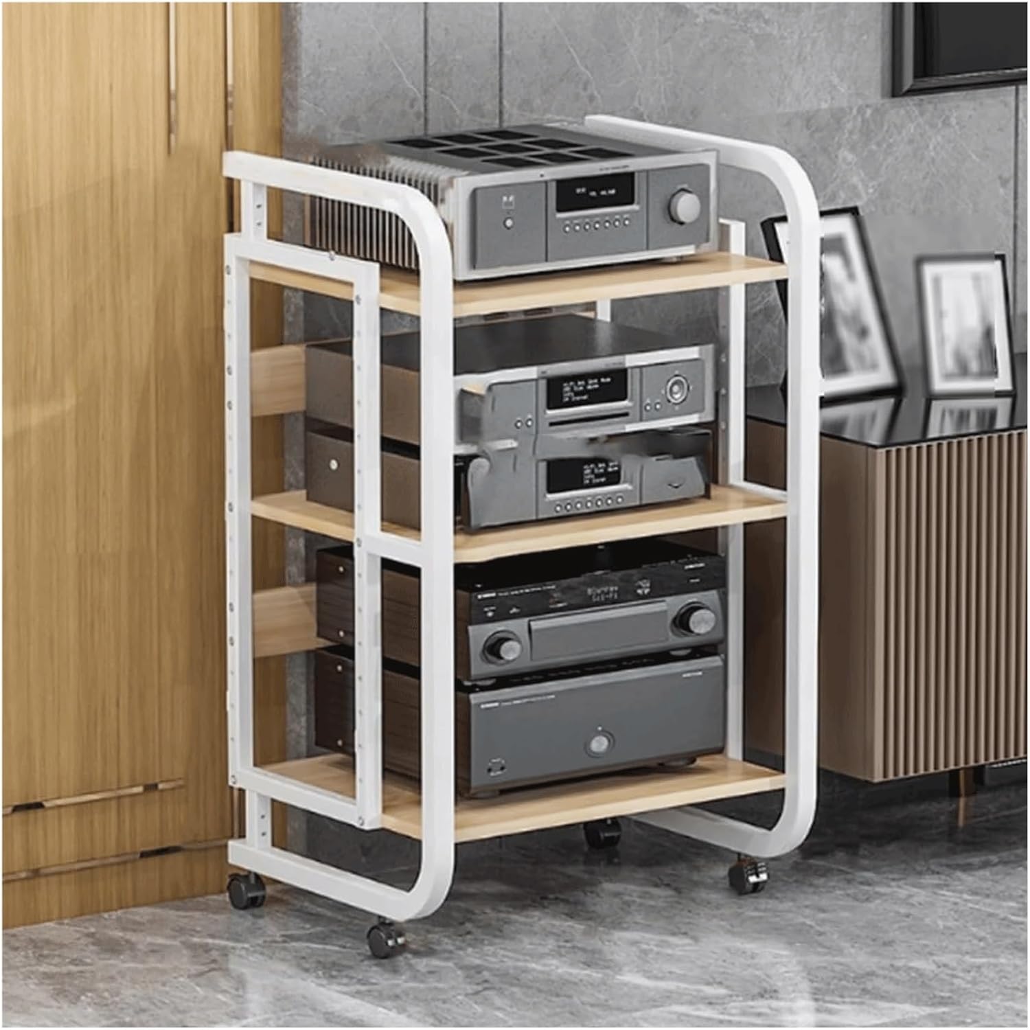 Audio-Video Shelving Audio Rack Tower Stereo Cabinet with Adjustable Shelves AV Media Stand with Wheels Mobile Stereo Stands(White,3 Tier)