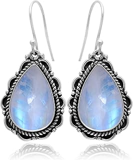 Veracity Jewelry Rainbow Moonstone Earrings For Women - 925 Sterling Silver Natural Rainbow Moonstone Handmade Jewelry Earrings - Rainbow White Gemstone Healing Meditation Handmade Gift Earrings - Birthday Anniversary Wedding Gift for Her Earrings (VSE-151)