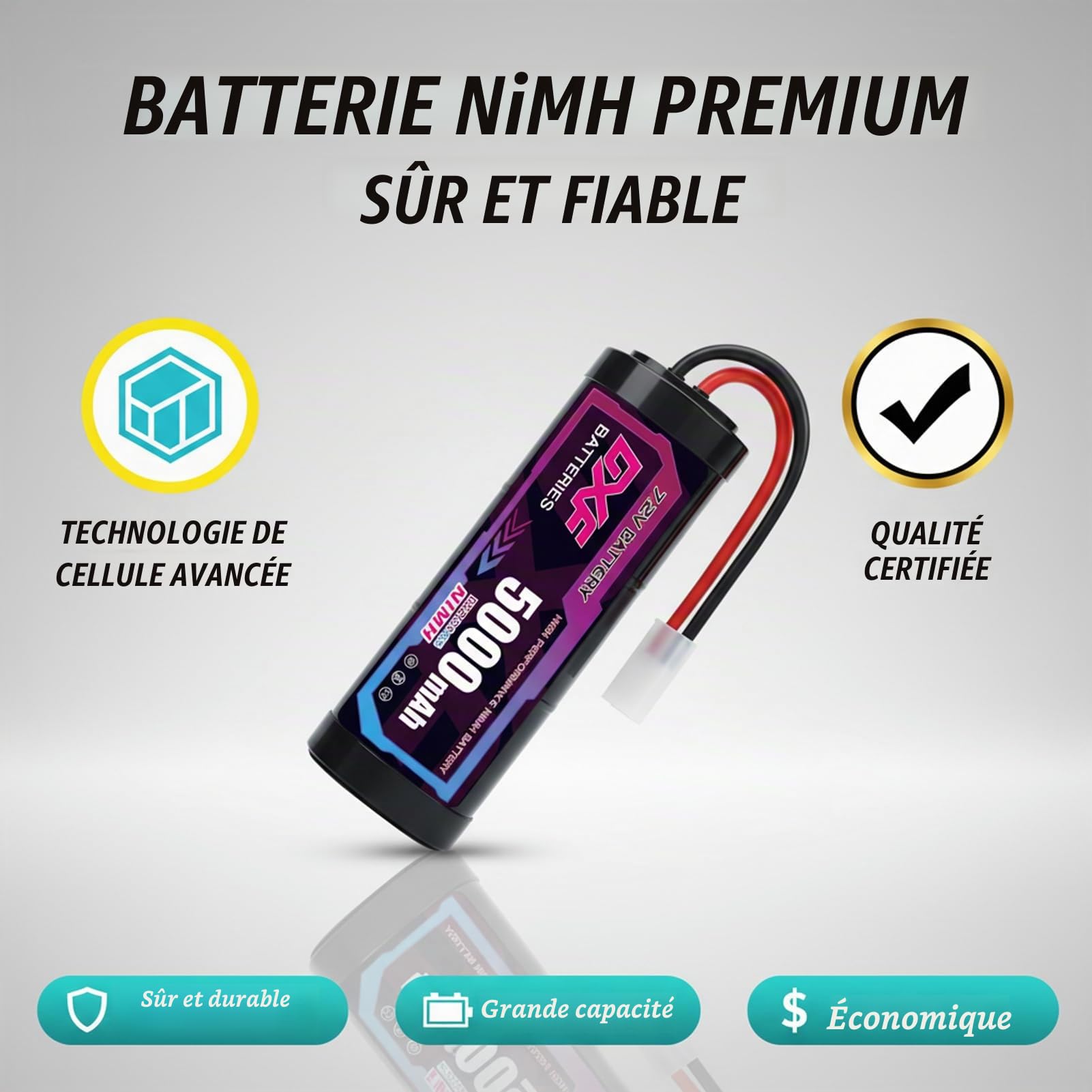 DXF Batterie RC 7,2V 5000mAh NiMH Pack de 2, Accu Rechargeable Connecteur Tamiya pour Voiture Télécommandée 1/10 Buggy Monster Truck, Compatible Bateau Avion Hélicoptère RC, sans Effet Mémoire