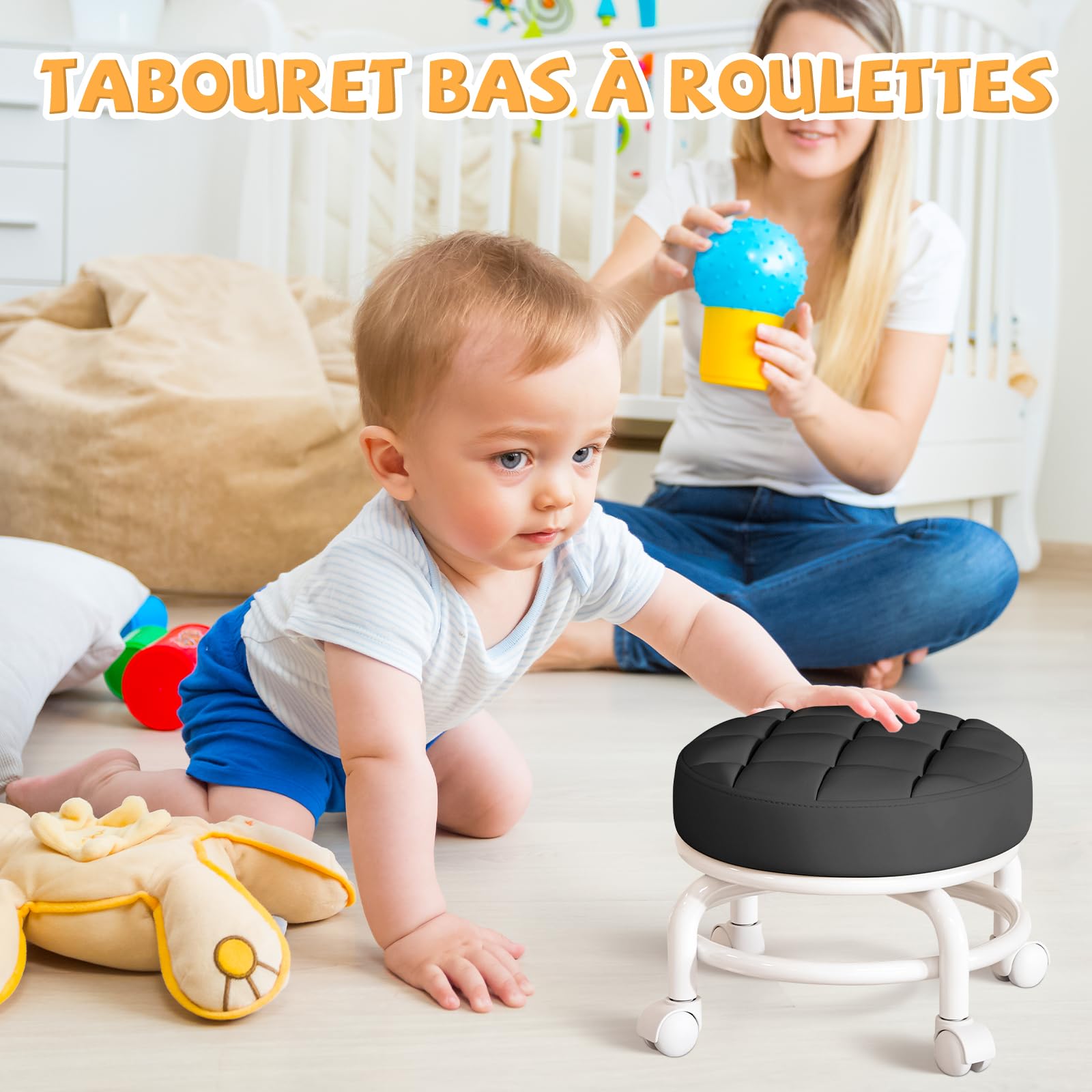 Qianly Tabouret de Siège à Roulettes Bas, Rotation 360°, Coussin Ergonomique, Mini Tabouret Mobile, Noir