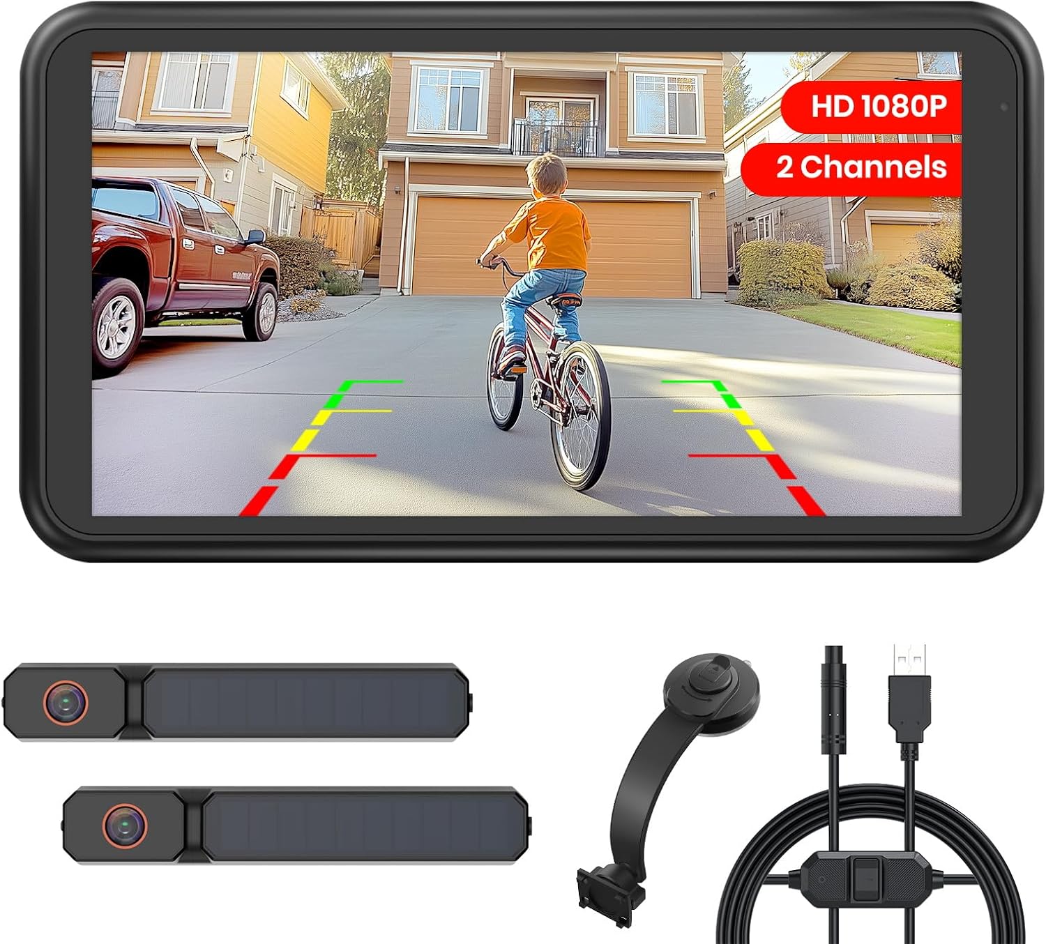 The 5-inch monitor displaying a split-screen view from two cameras: one showing a child on a bicycle in a driveway (front view), and the other showing a parking lot (rear view), with parking guidelines.