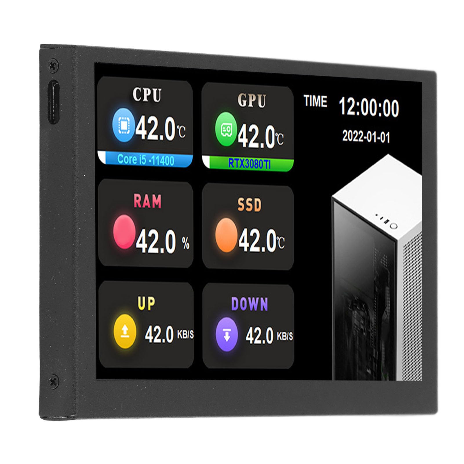 Mini Ekran IPS 5 Cali z Wyświetlaczem Temperatury USB, Monitor 800x480, Obudowa Aluminium, Porty Type-C i USB, Czarny Ekran