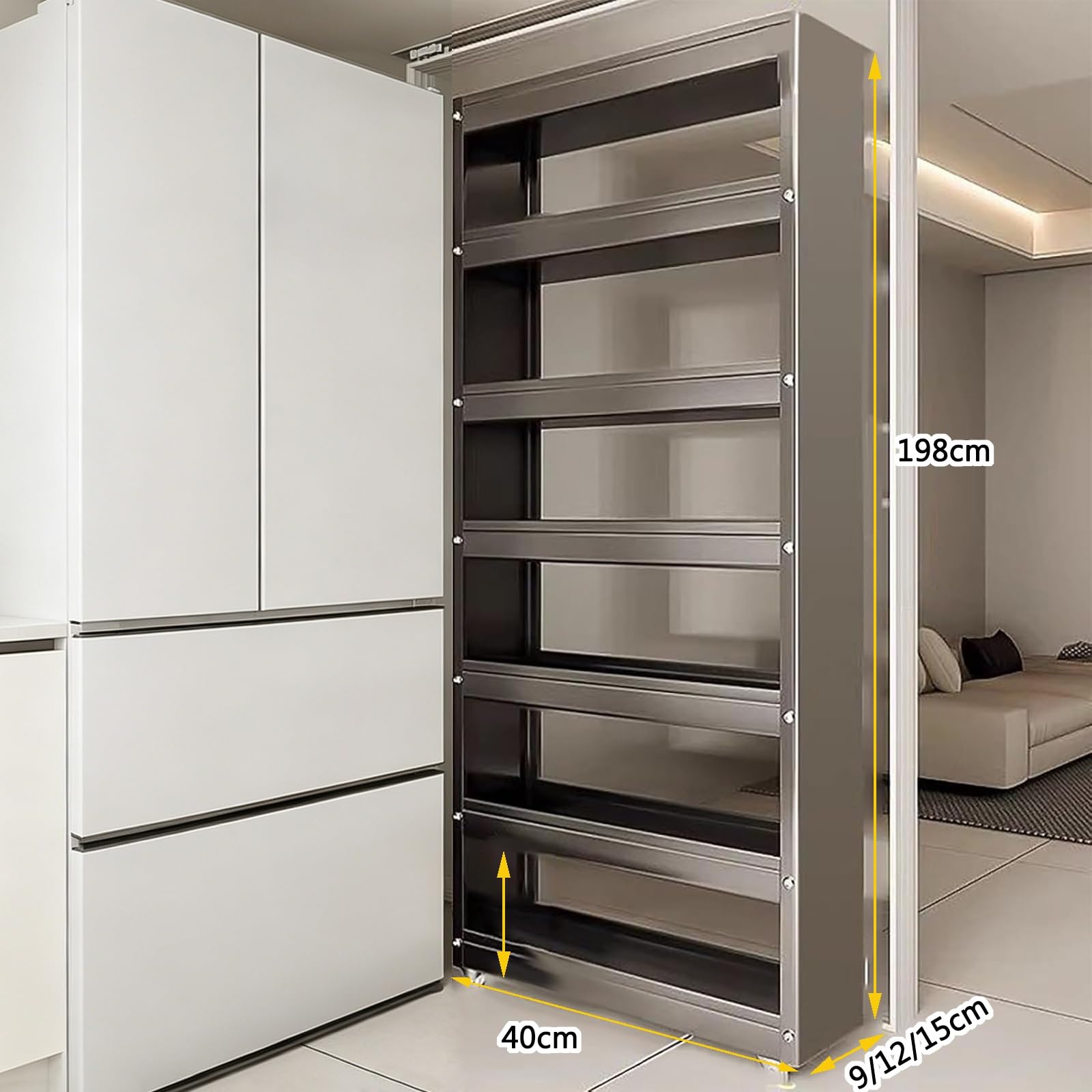 Carrito de Cocina Alto y Estrecho con Ruedas, Estante Robusto De Acero Al Carbono para Hueco Frigorífico, Organizador Ahorra Espacio para Cocina, Baño Y Lavandería(White,40x15x198cm)