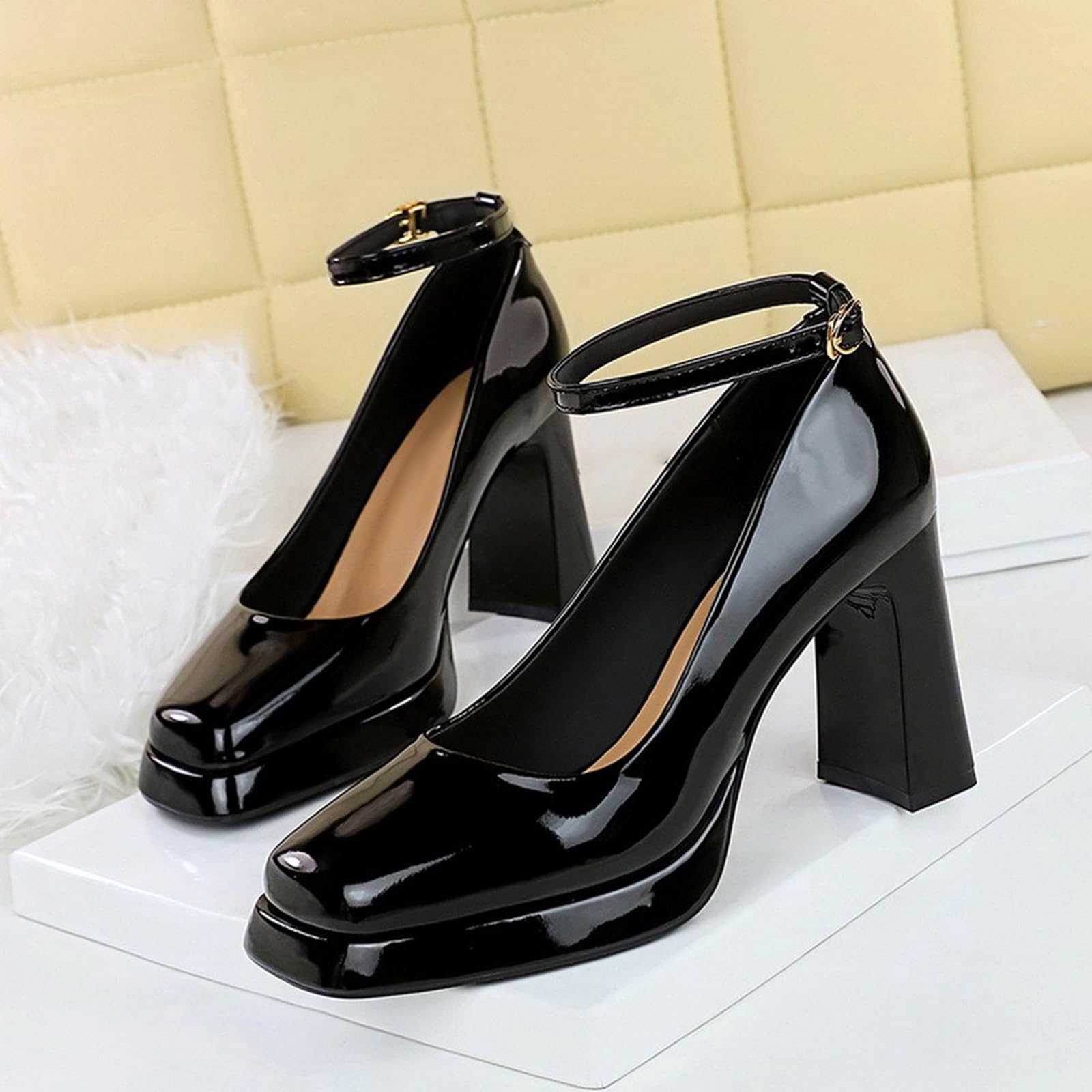 Scarpe da donna eleganti con tacco a blocco, con plateau, in pelle | Chunky Scarpe alte comode da matrimonio, sandali chiusi con tacco, scarpe da sposa per feste di nozze